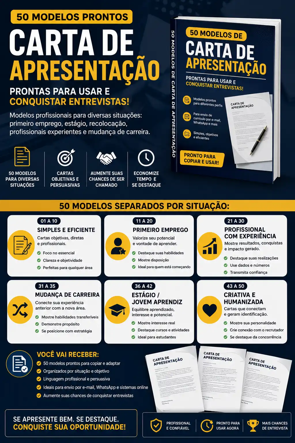 Bônus Cartas de Apresentação editáveis para acompanhar o currículo